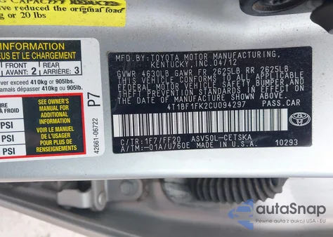 2012 Toyota Camry Se из США, поврежденный, VIN 4T1BF1FK2CU094297